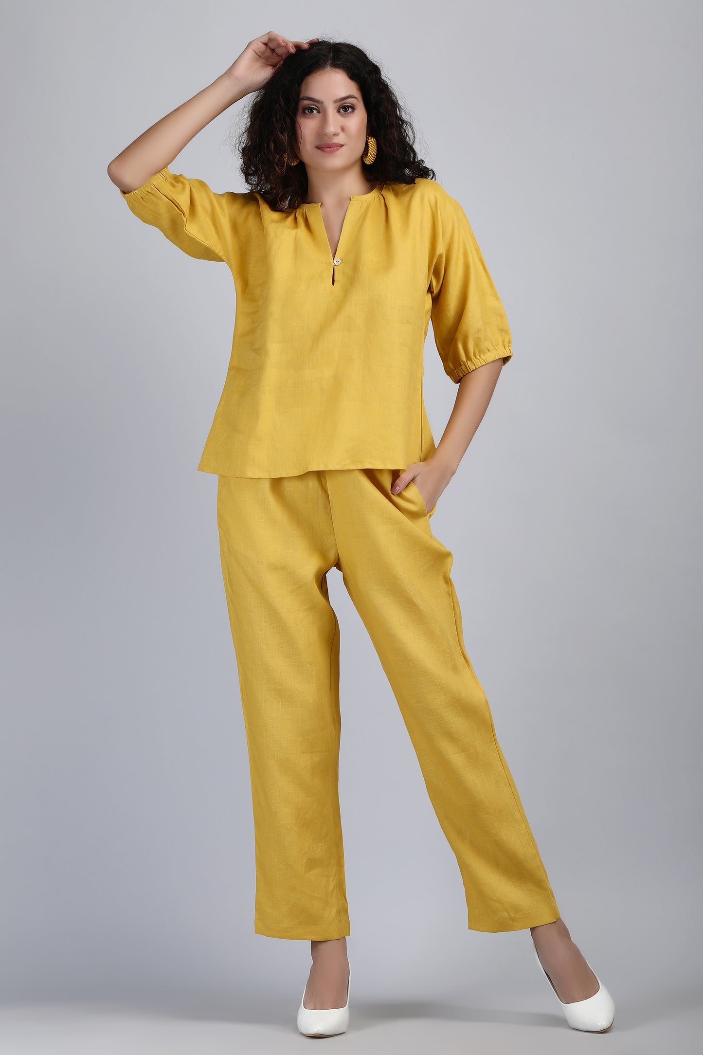 Mustard Loose Fit Linen Set, Co-Ord's Women, Linen Loungewear Set, Linen Top And Pants, Resort Wear