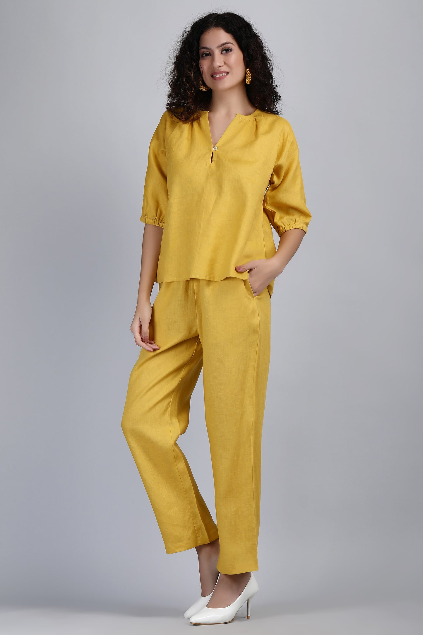 Mustard Loose Fit Linen Set, Co-Ord's Women, Linen Loungewear Set, Linen Top And Pants, Resort Wear