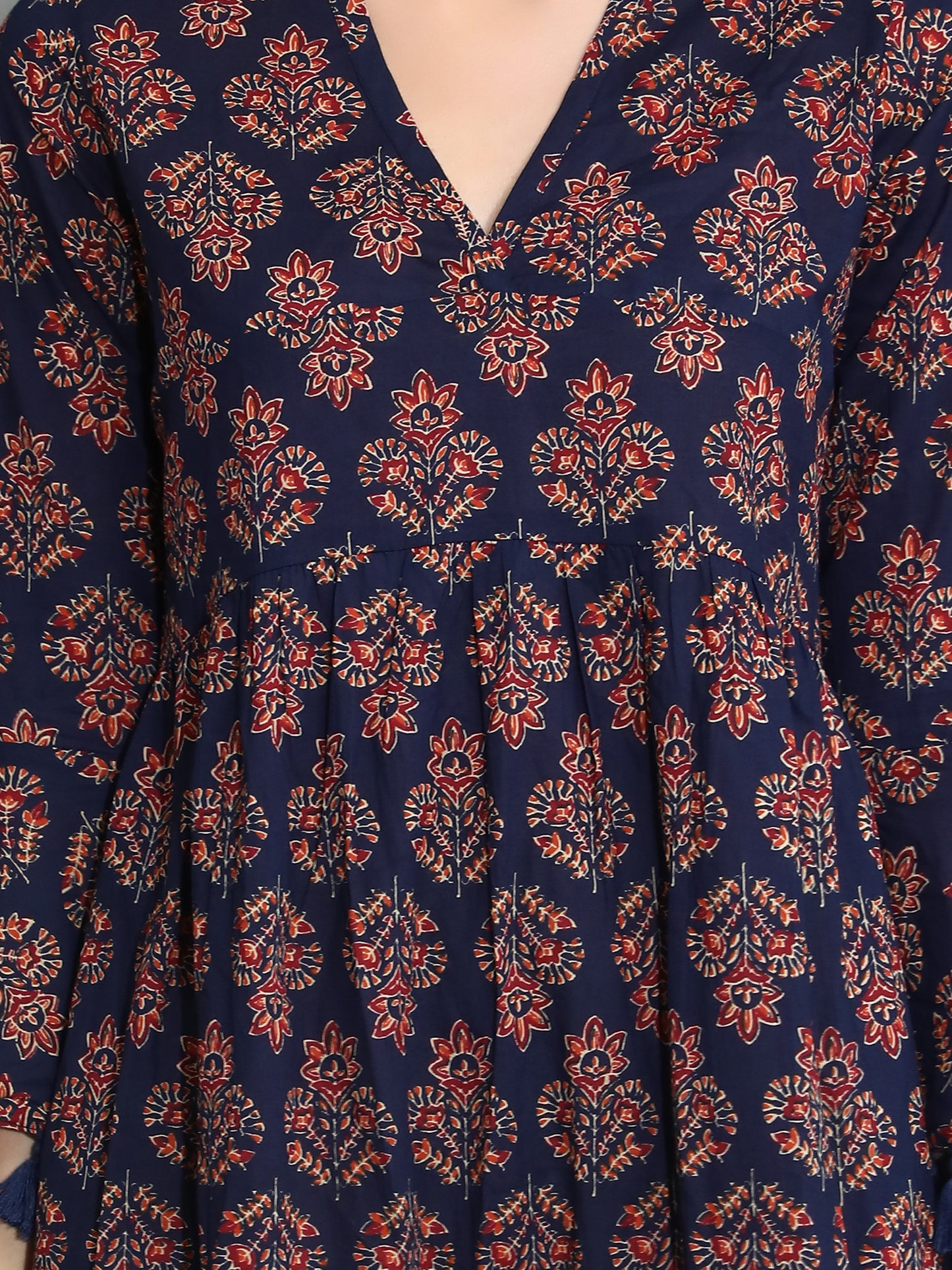 Blue Ajrakh print dress with Tassles