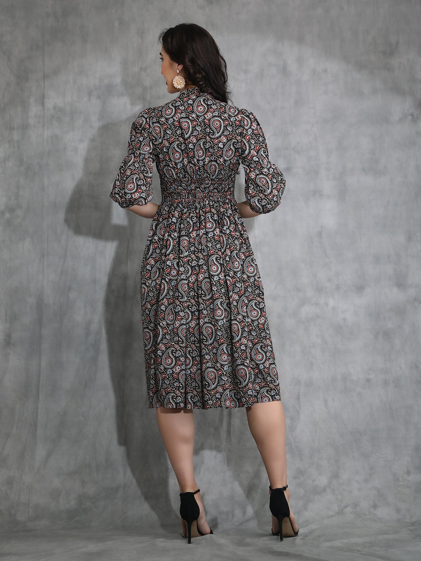 Front open Ajrakh print Midi Black Dress