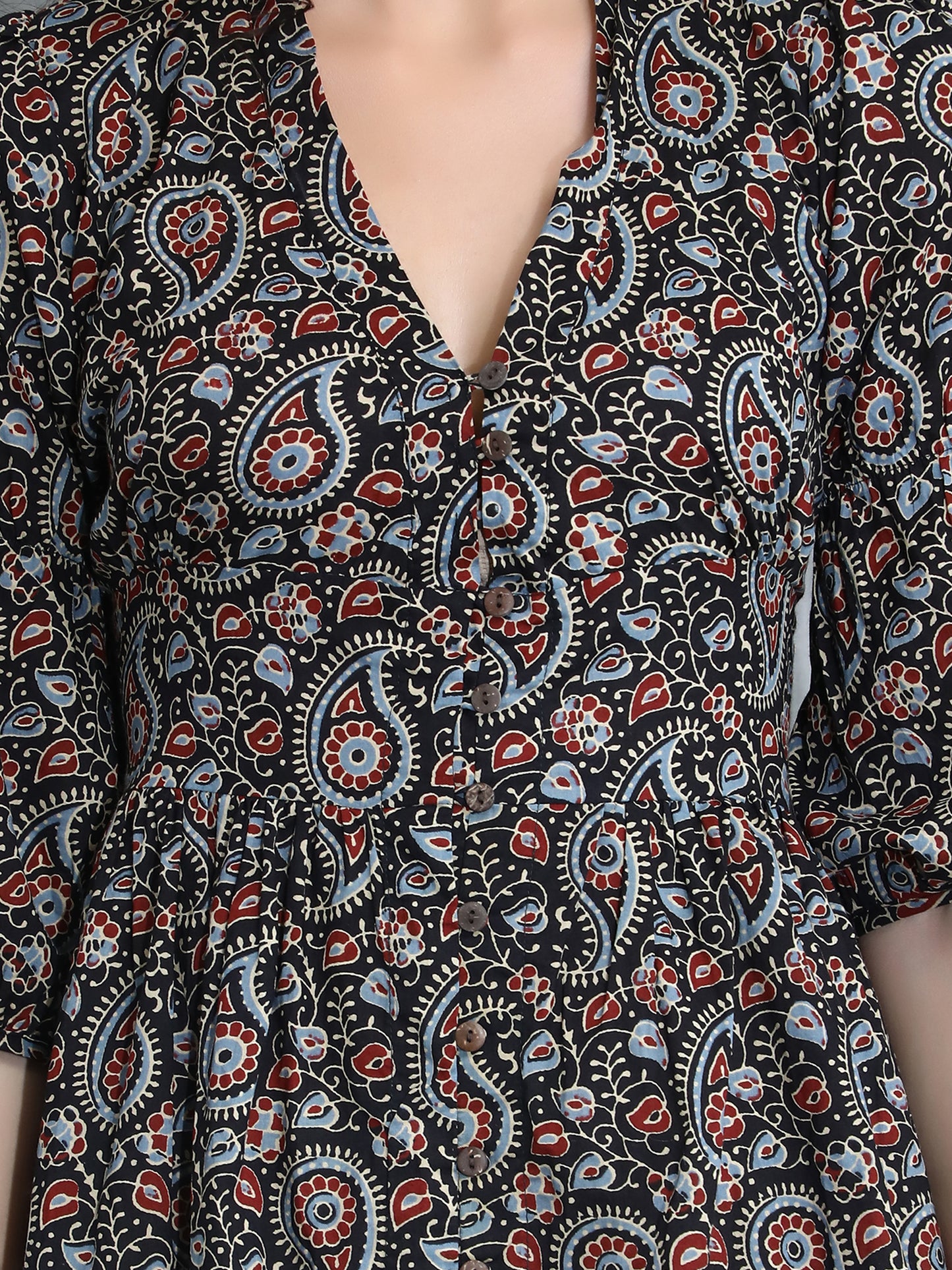 Front open Ajrakh print Midi Black Dress