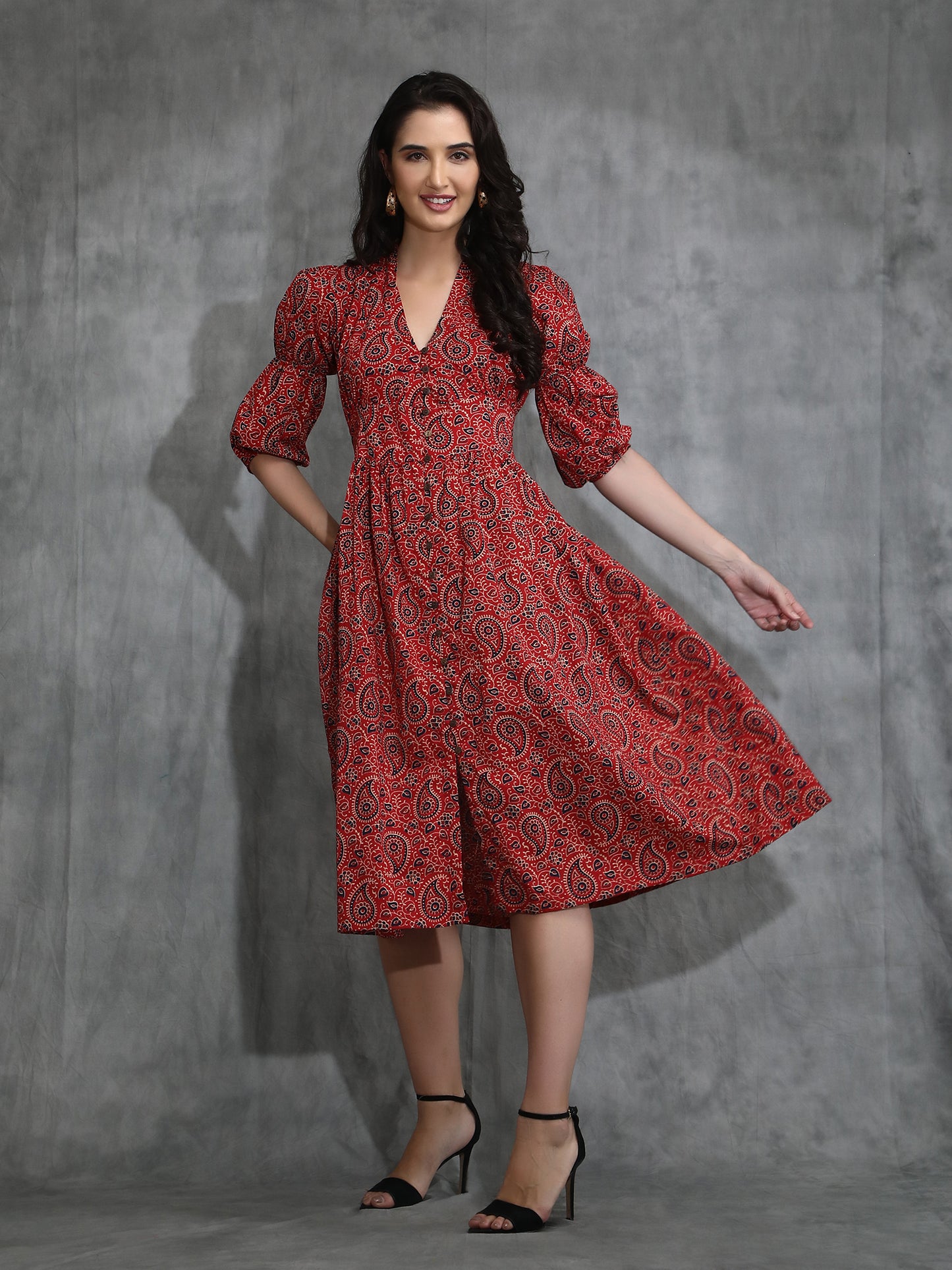 Front open pure cotton Ajrakh print Midi Dress
