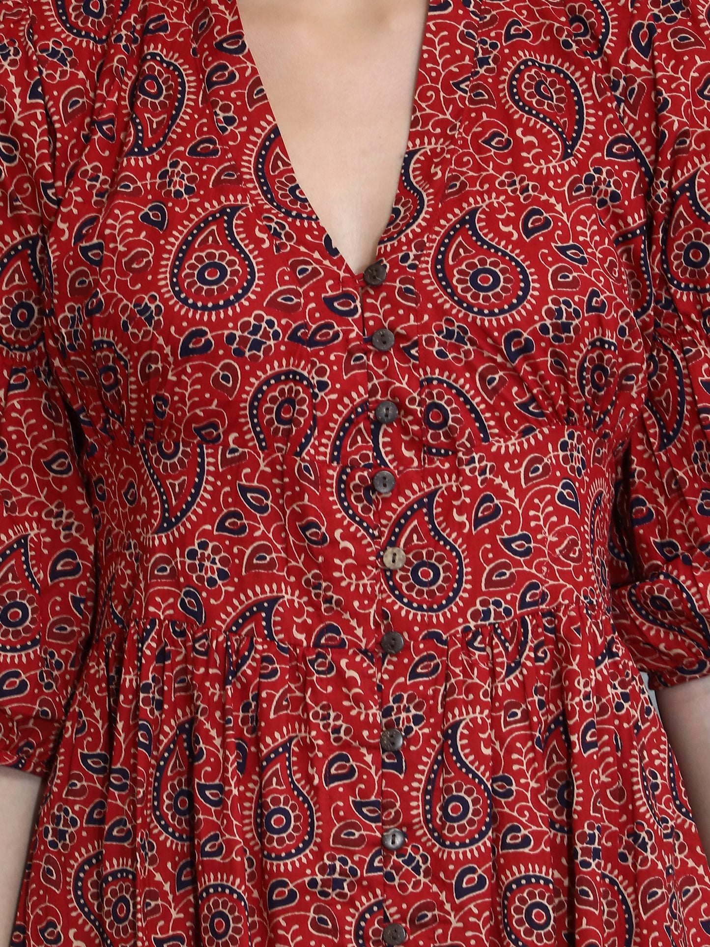 Front open pure cotton Ajrakh print Midi Dress