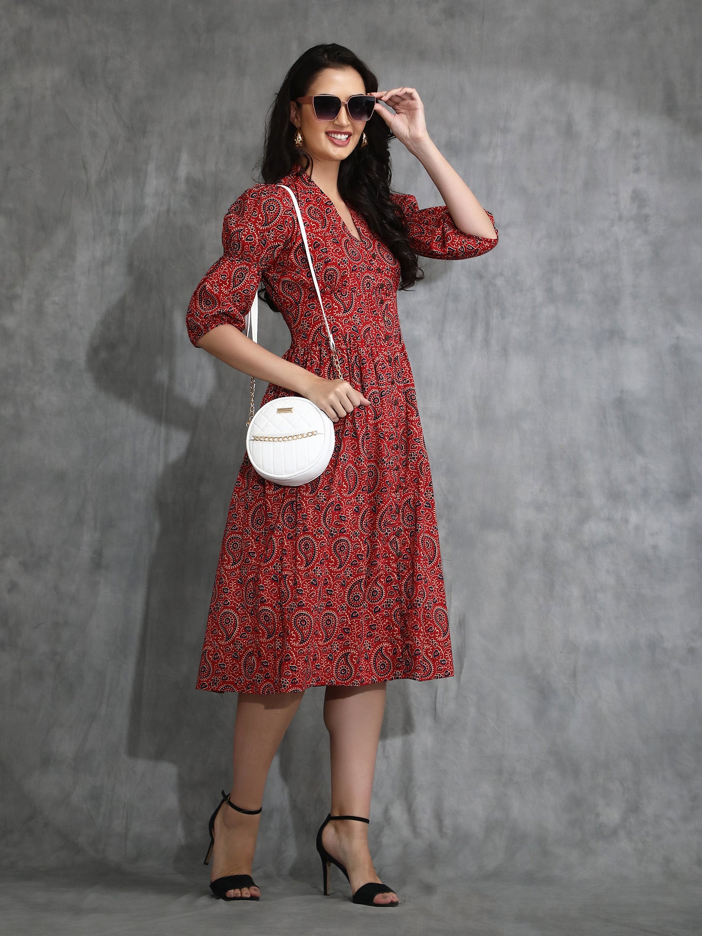 Front open pure cotton Ajrakh print Midi Dress