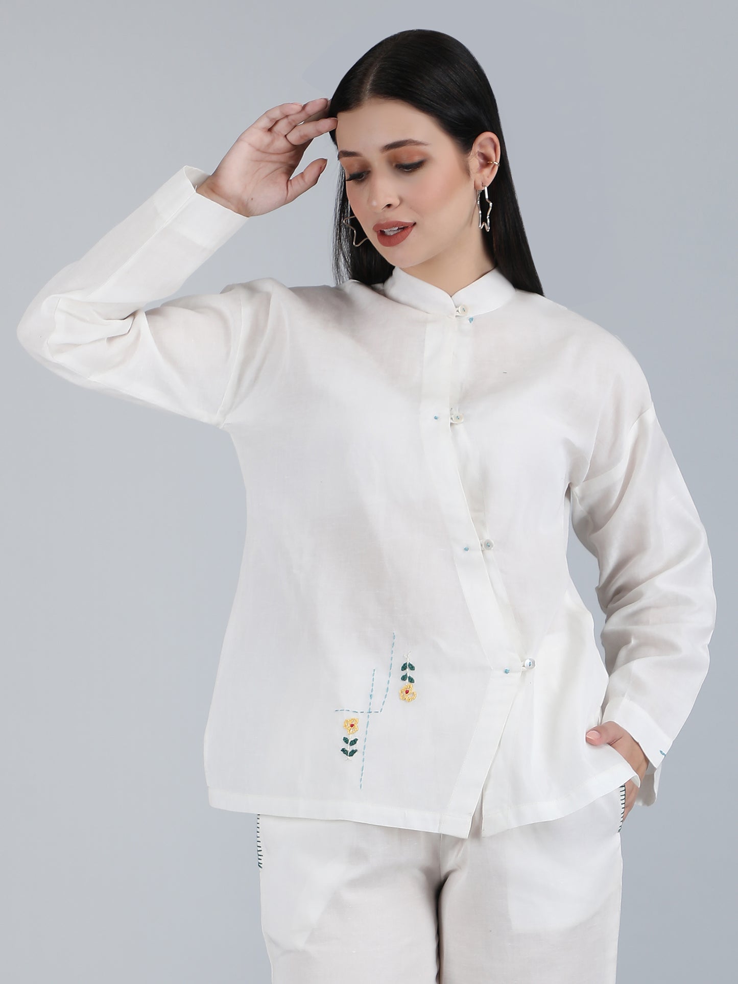 Women White Pure Linen Hand Embroidered Zig Zag Placket Shirt
