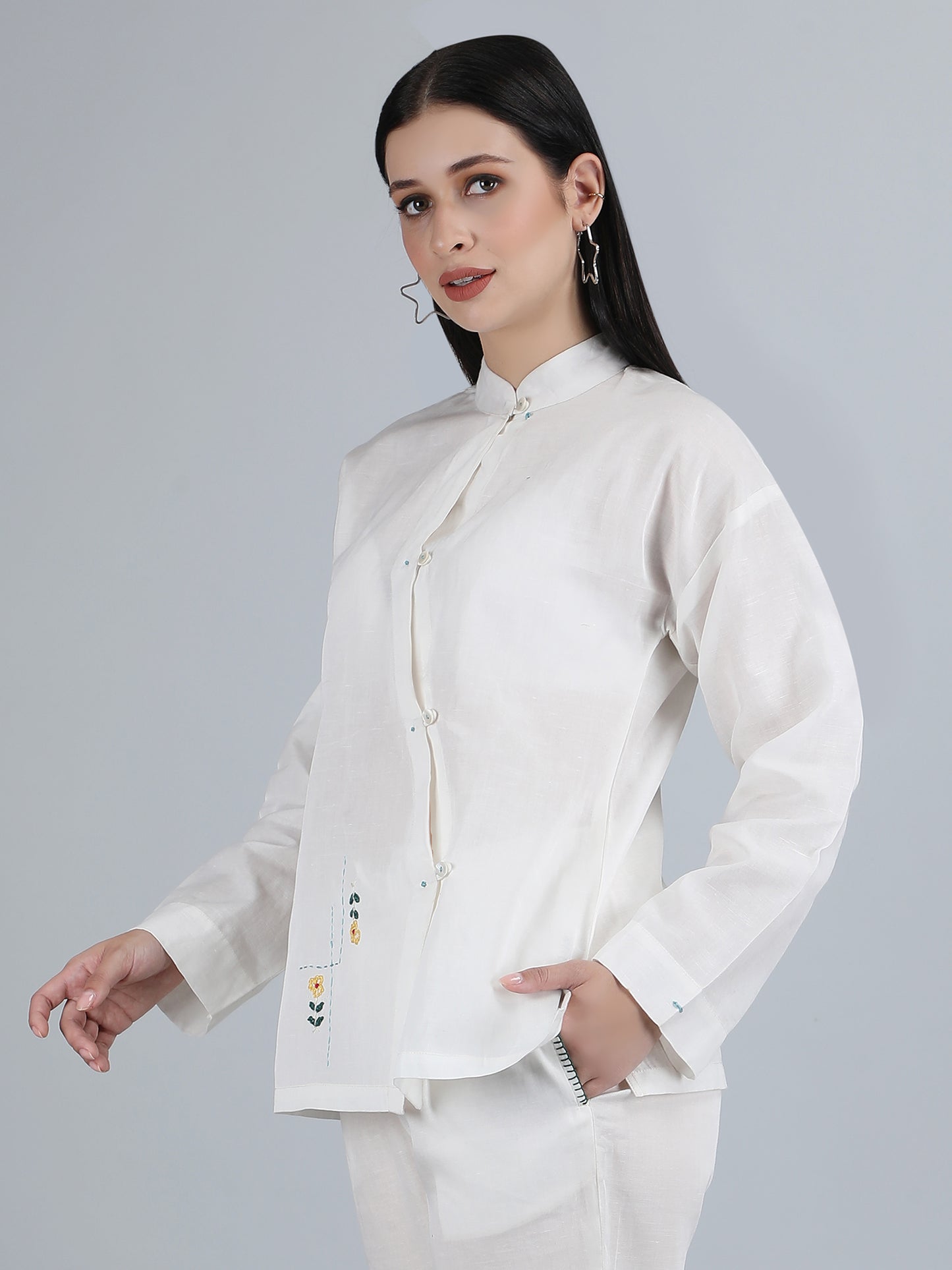 Women White Pure Linen Hand Embroidered Zig Zag Placket Shirt