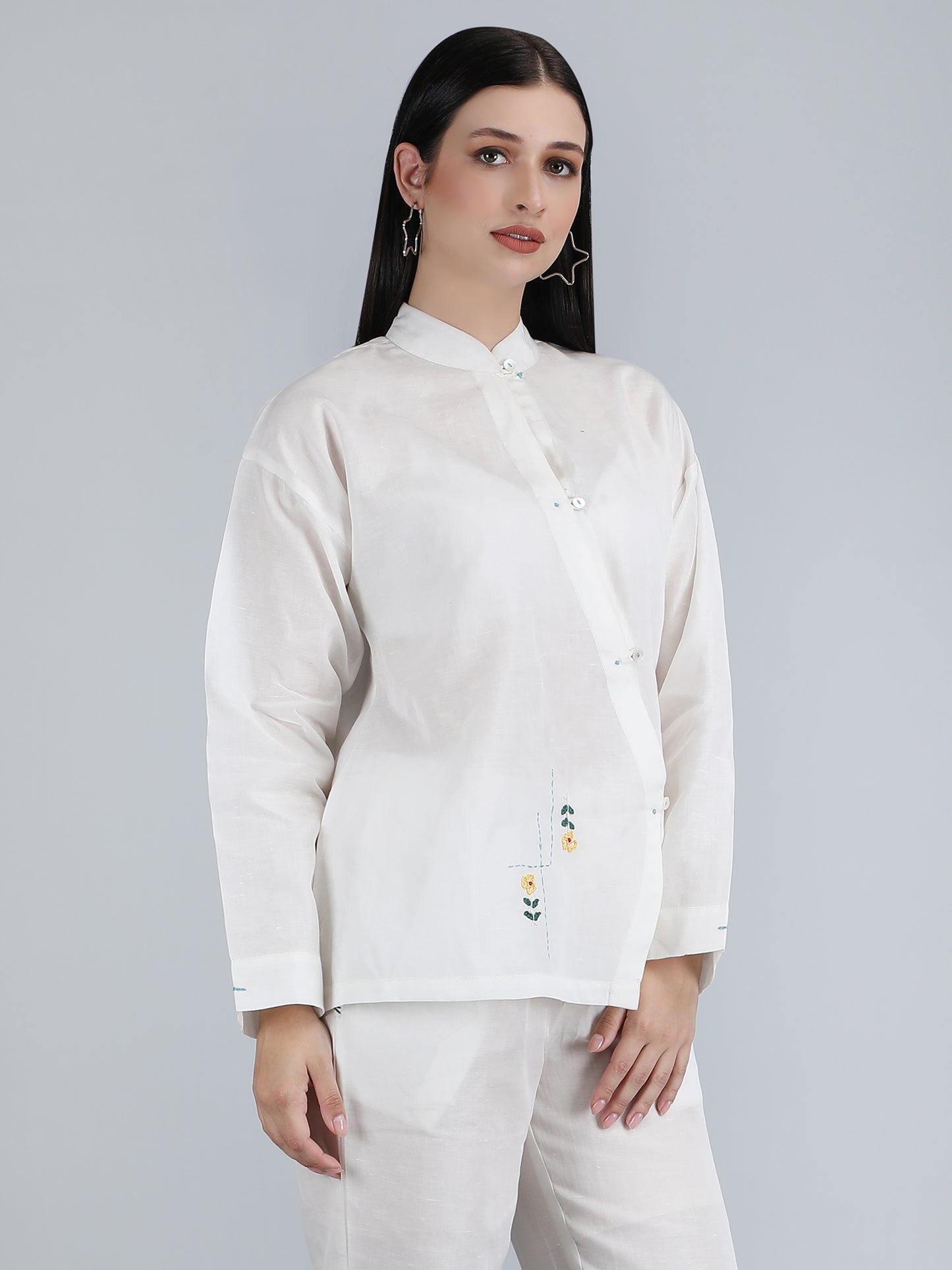 Women White Pure Linen Hand Embroidered Zig Zag Placket Shirt