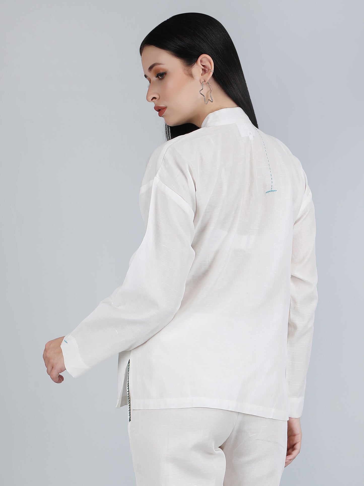 Women White Pure Linen Hand Embroidered Zig Zag Placket Shirt