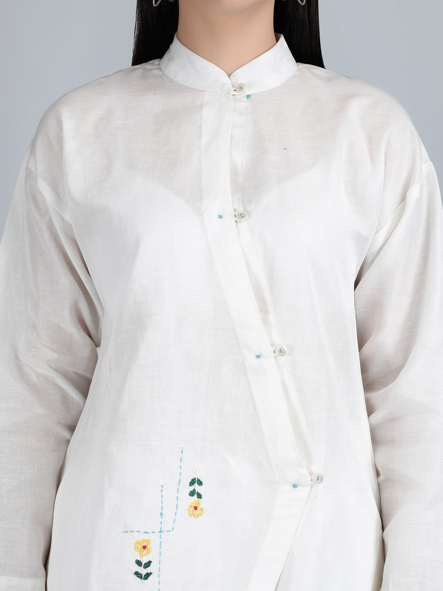 Women White Pure Linen Hand Embroidered Zig Zag Placket Shirt