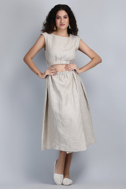 Chambord Beige Pure Linen Midi Dress, Front Open