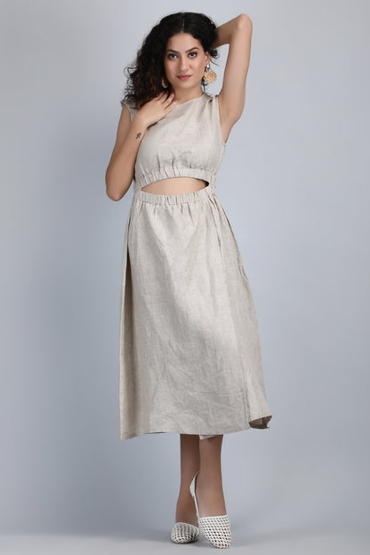 Chambord Beige Pure Linen Midi Dress, Front Open
