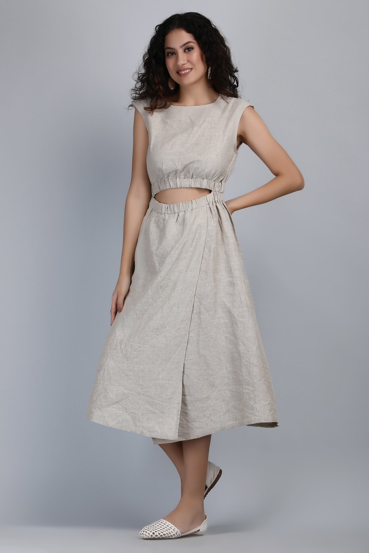 Chambord Beige Pure Linen Midi Dress, Front Open