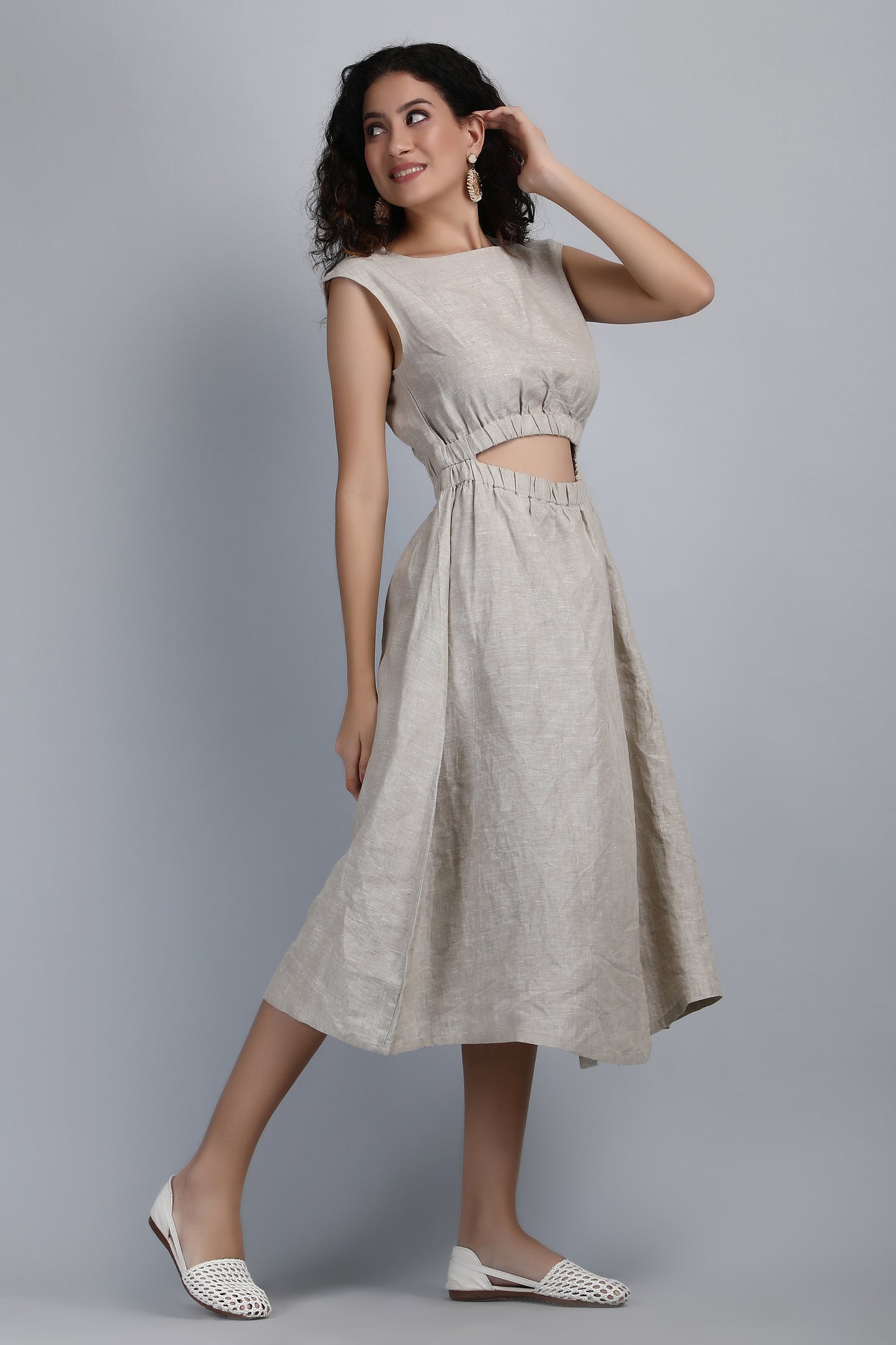 Chambord Beige Pure Linen Midi Dress, Front Open