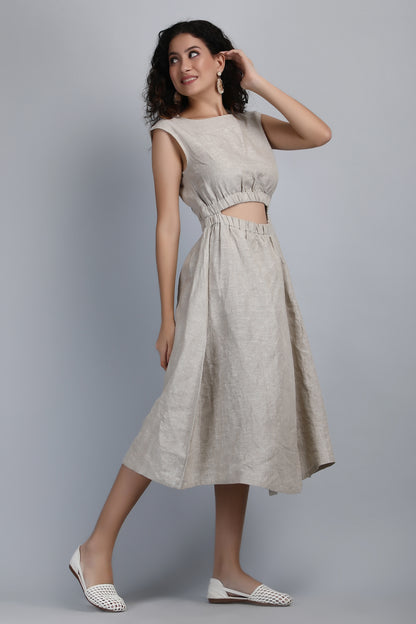 Chambord Beige Pure Linen Midi Dress, Front Open