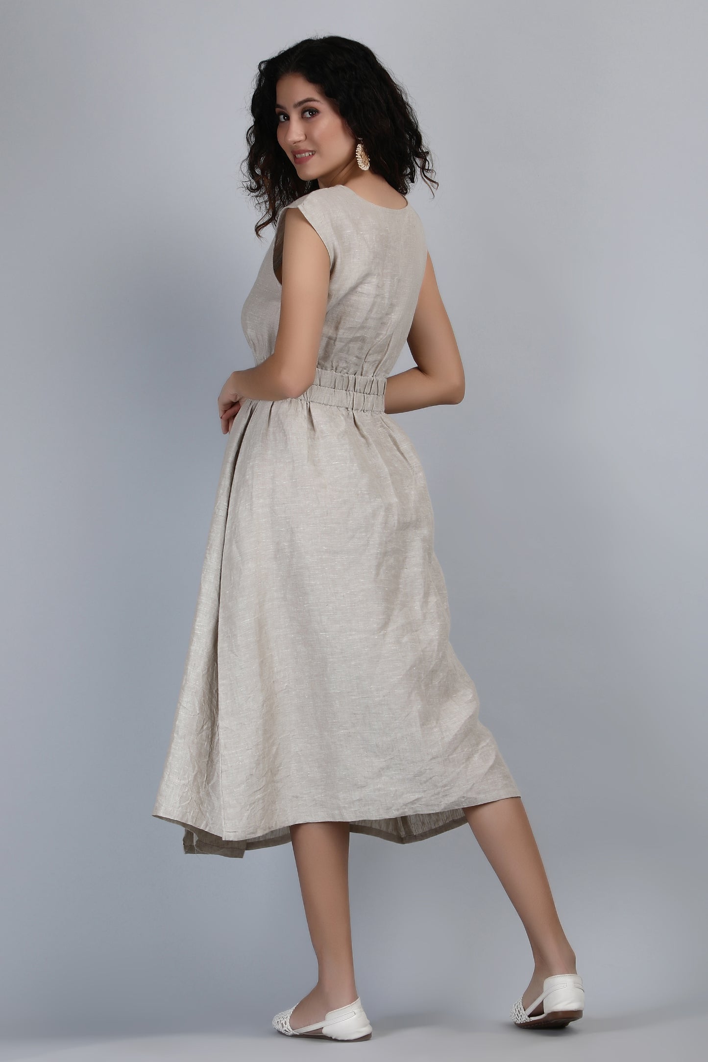 Chambord Beige Pure Linen Midi Dress, Front Open
