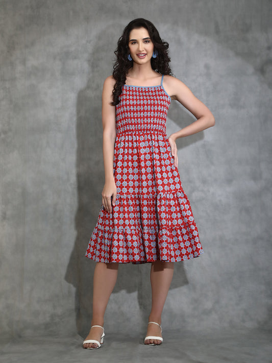 Red Smoked Tiered Midi Dress