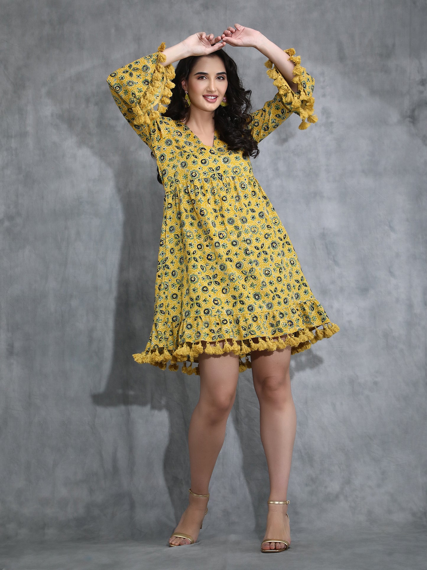 Yellow Ajrakh print dress with Tassles