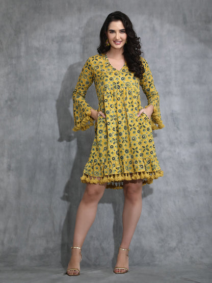 Yellow Ajrakh print dress with Tassles