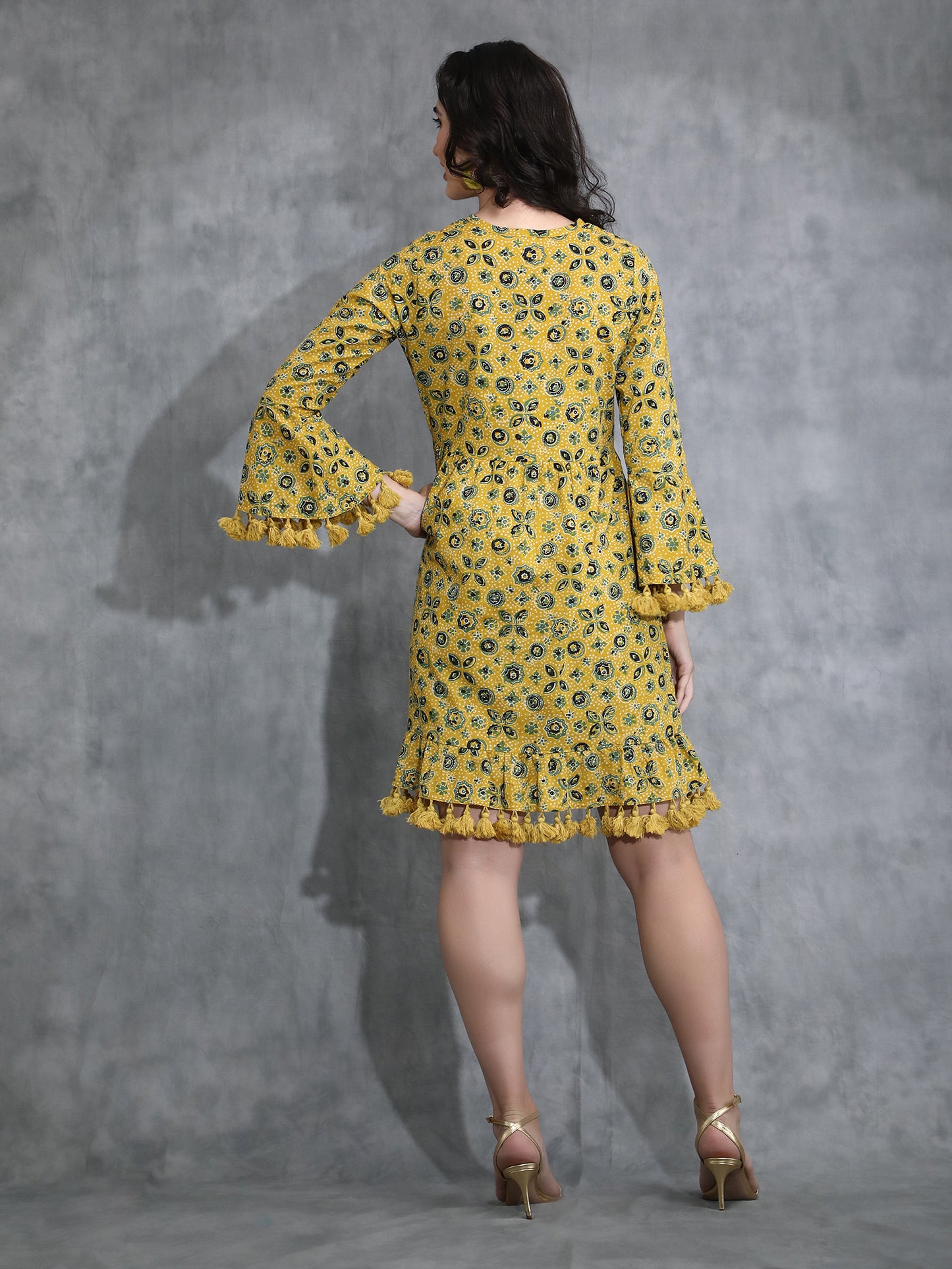 Yellow Ajrakh print dress with Tassles
