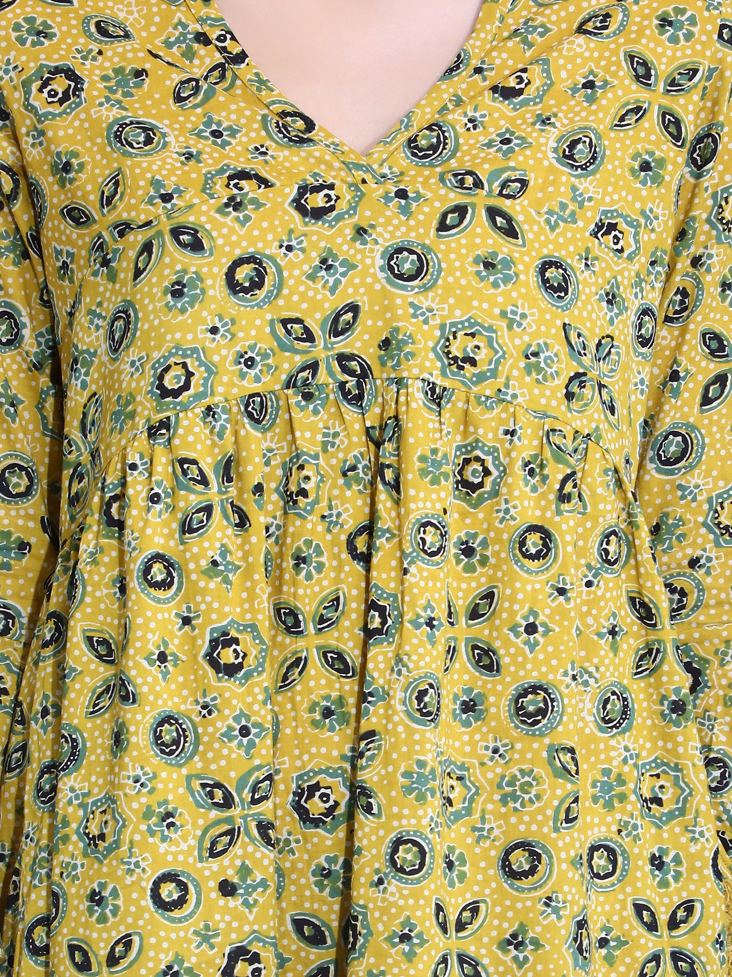 Yellow Ajrakh print dress with Tassles