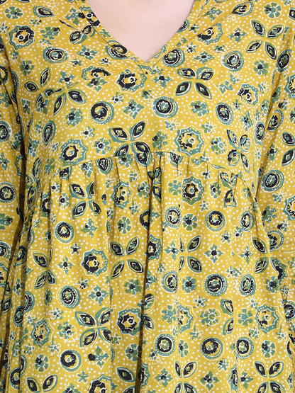 Yellow Ajrakh print dress with Tassles