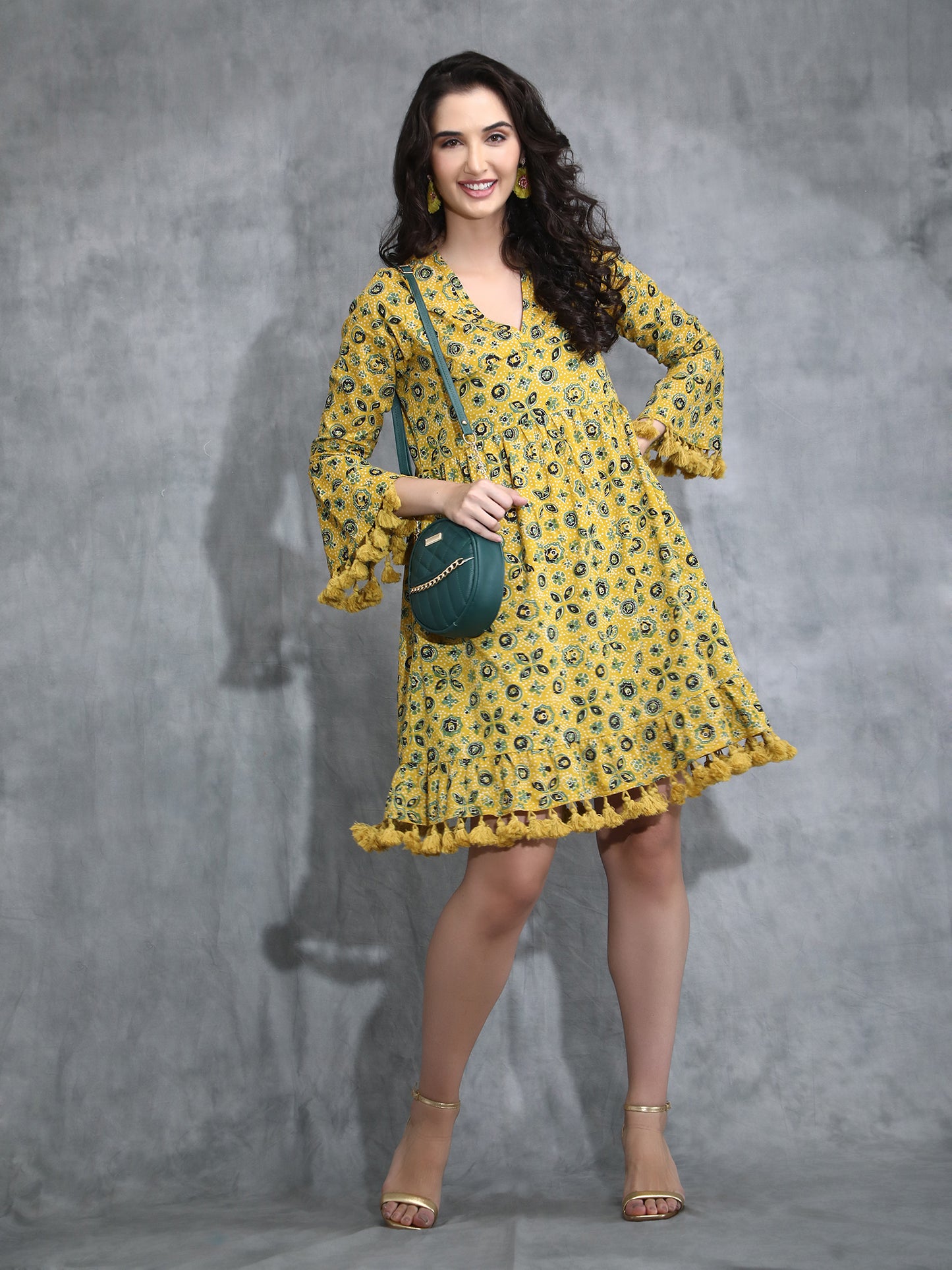 Yellow Ajrakh print dress with Tassles