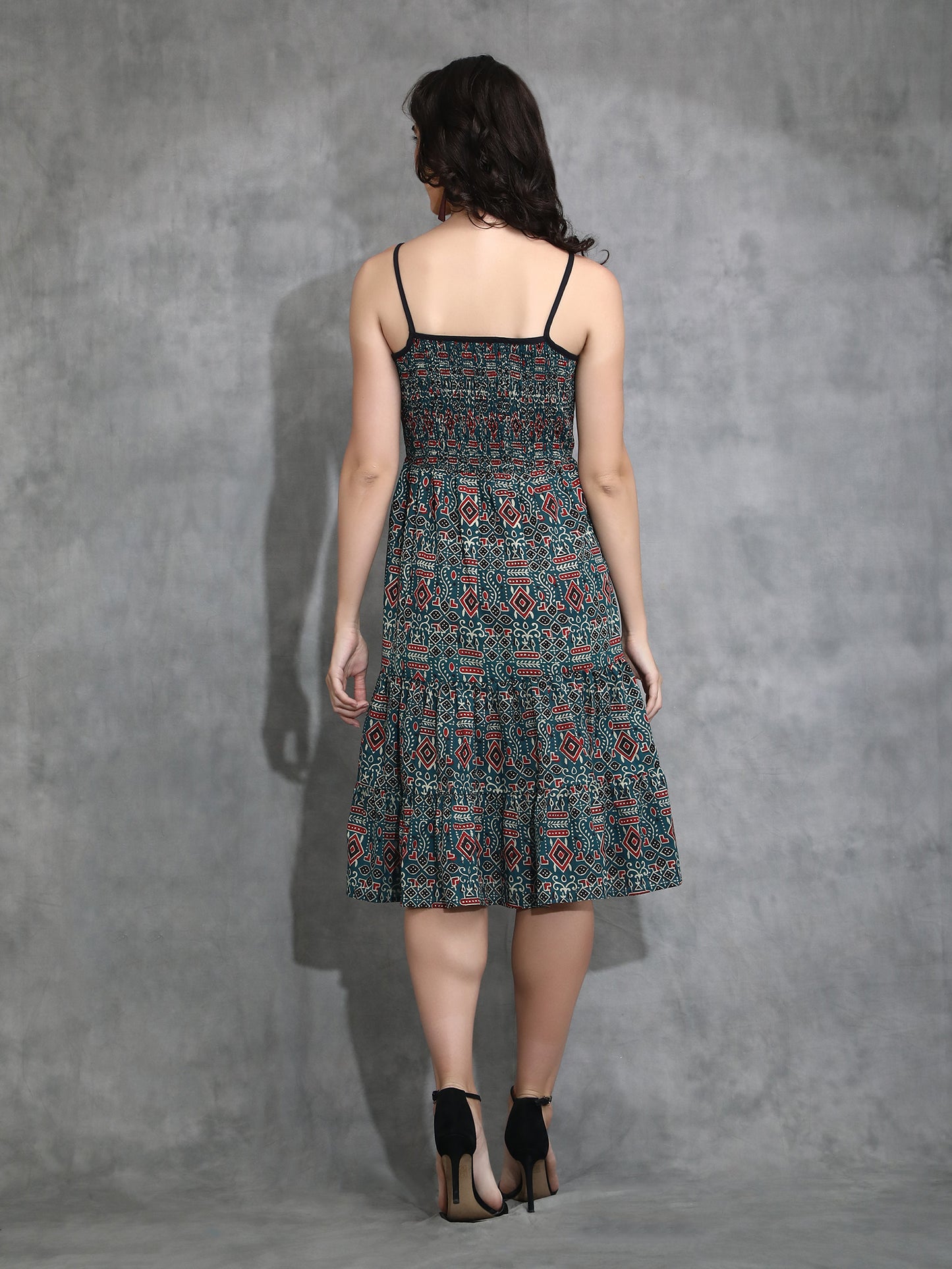 Ajrakh print smoked Tiered Dress