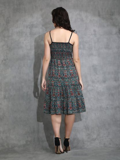 Ajrakh print smoked Tiered Dress