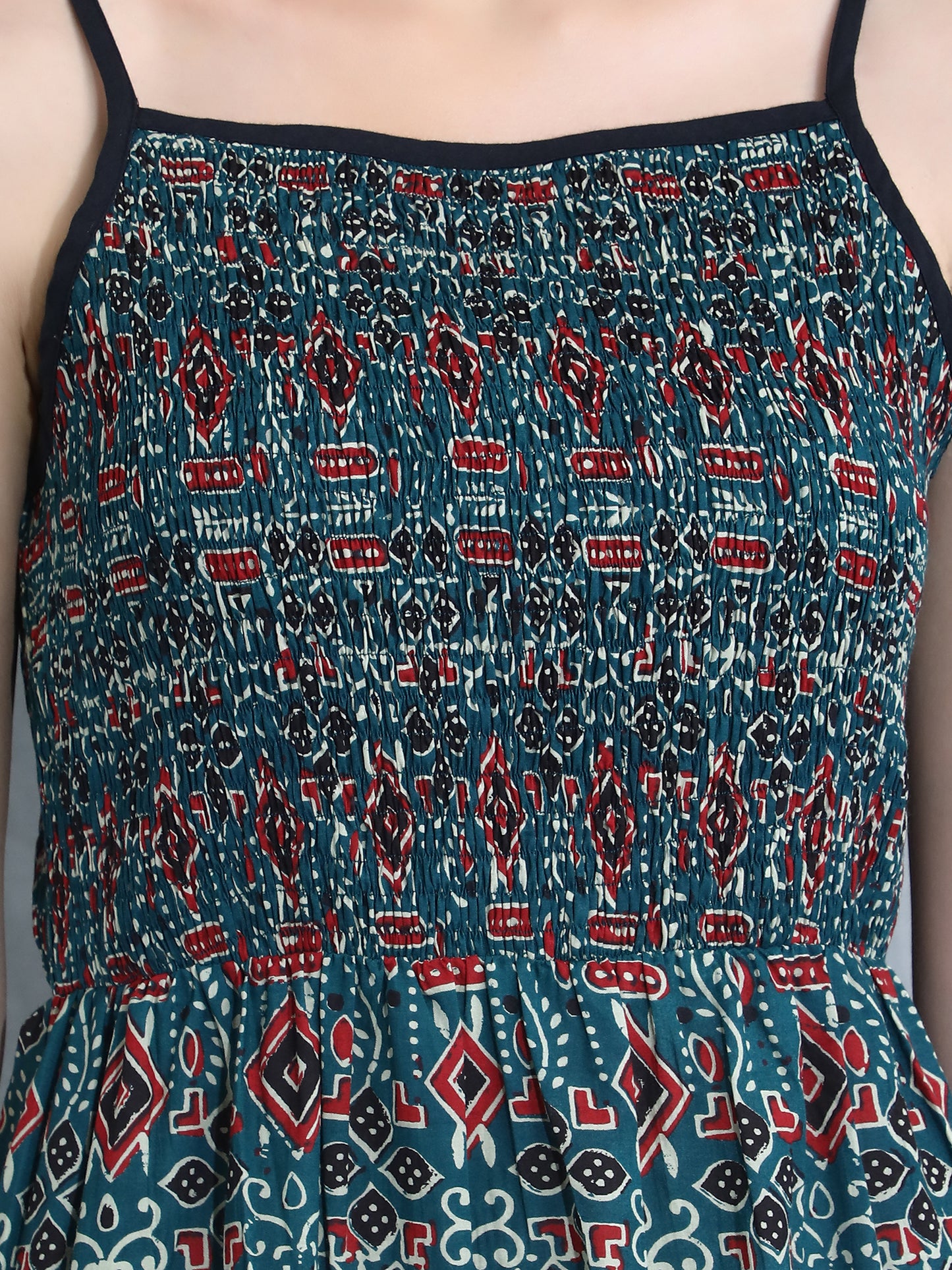 Ajrakh print smoked Tiered Dress