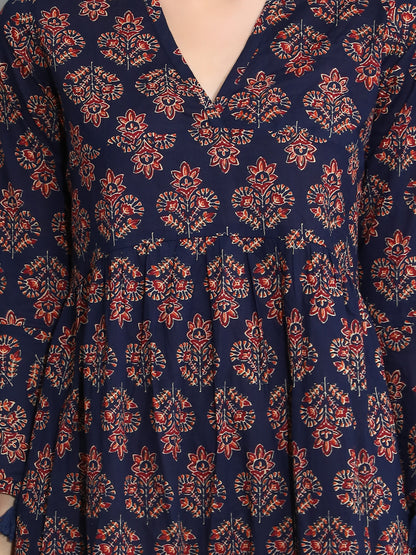 Blue Ajrakh print dress with Tassles