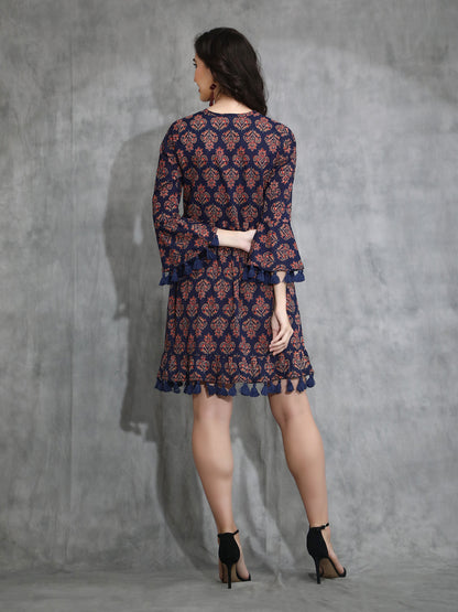 Blue Ajrakh print dress with Tassles