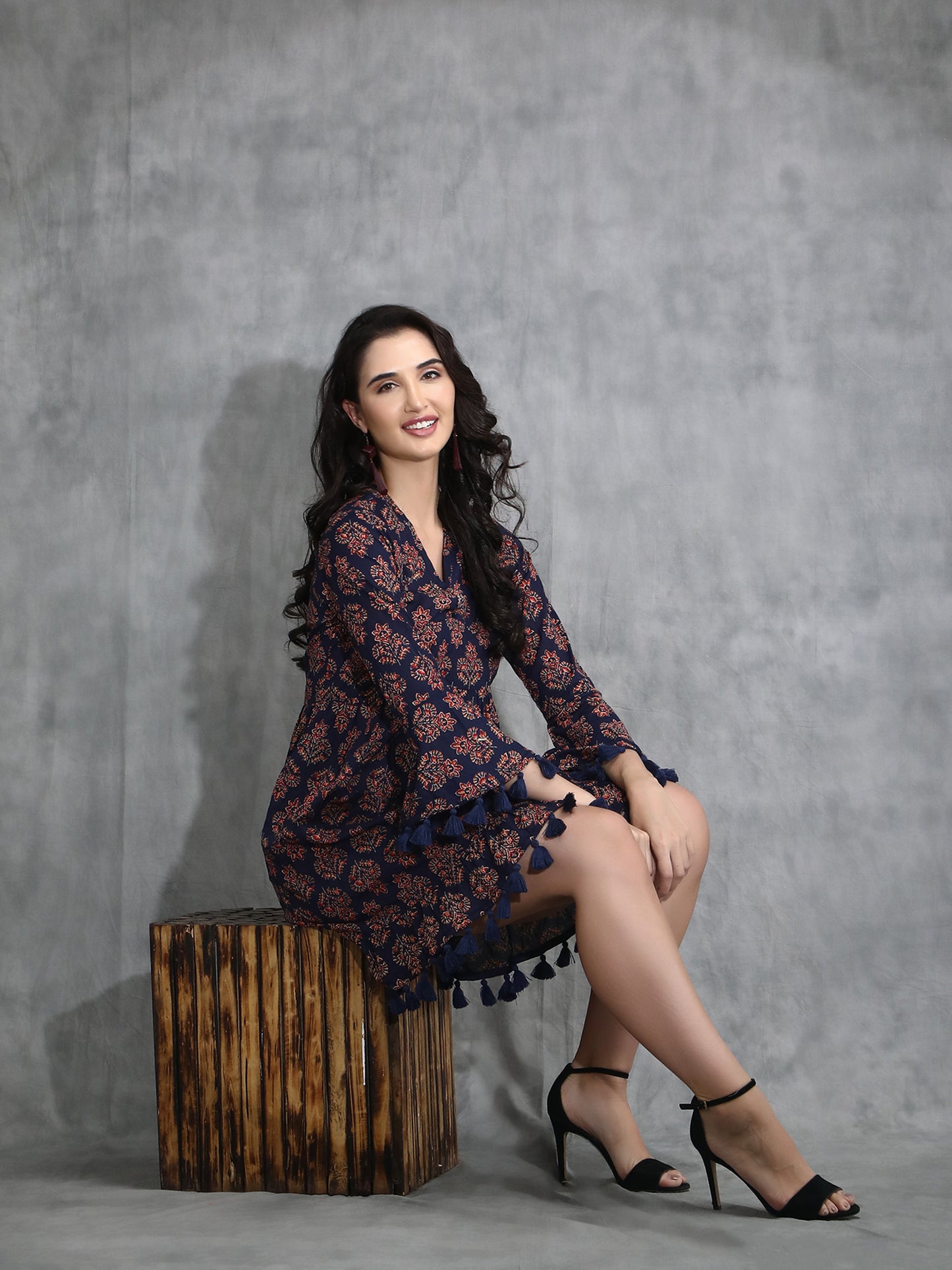 Blue Ajrakh print dress with Tassles