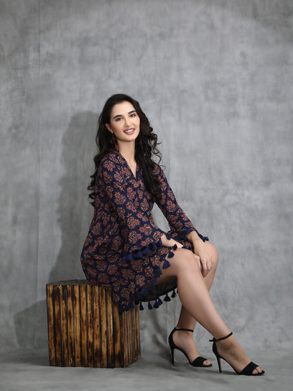 Blue Ajrakh print dress with Tassles