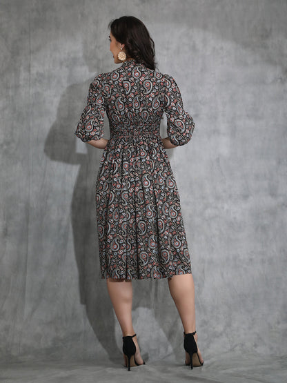 Front open Ajrakh print Midi Black Dress