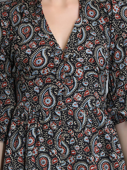 Front open Ajrakh print Midi Black Dress