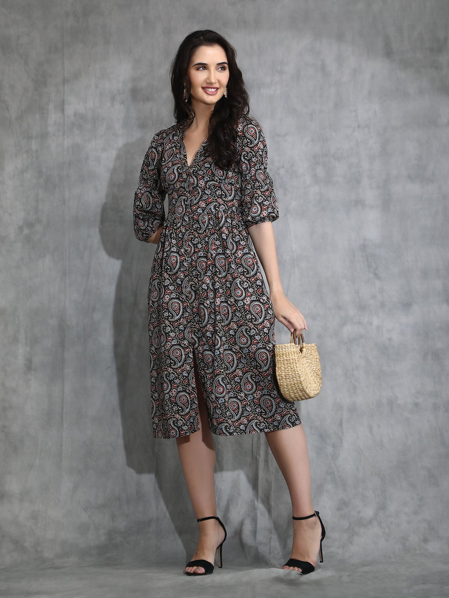 Front open Ajrakh print Midi Black Dress