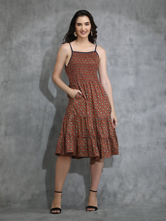 Brown Ajrakh Print Smoked Tiered Midi Dress
