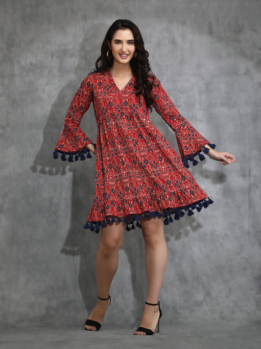 Ajrakh print dress with Tassles
