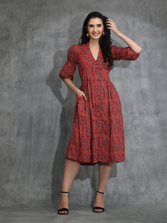 Front open pure cotton Ajrakh print Midi Dress
