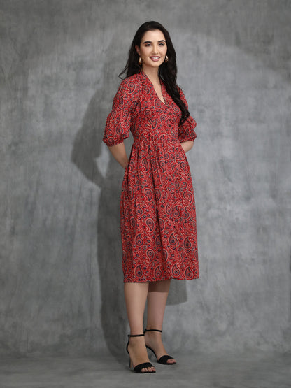 Front open pure cotton Ajrakh print Midi Dress
