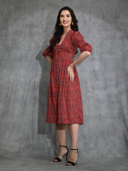 Front open pure cotton Ajrakh print Midi Dress