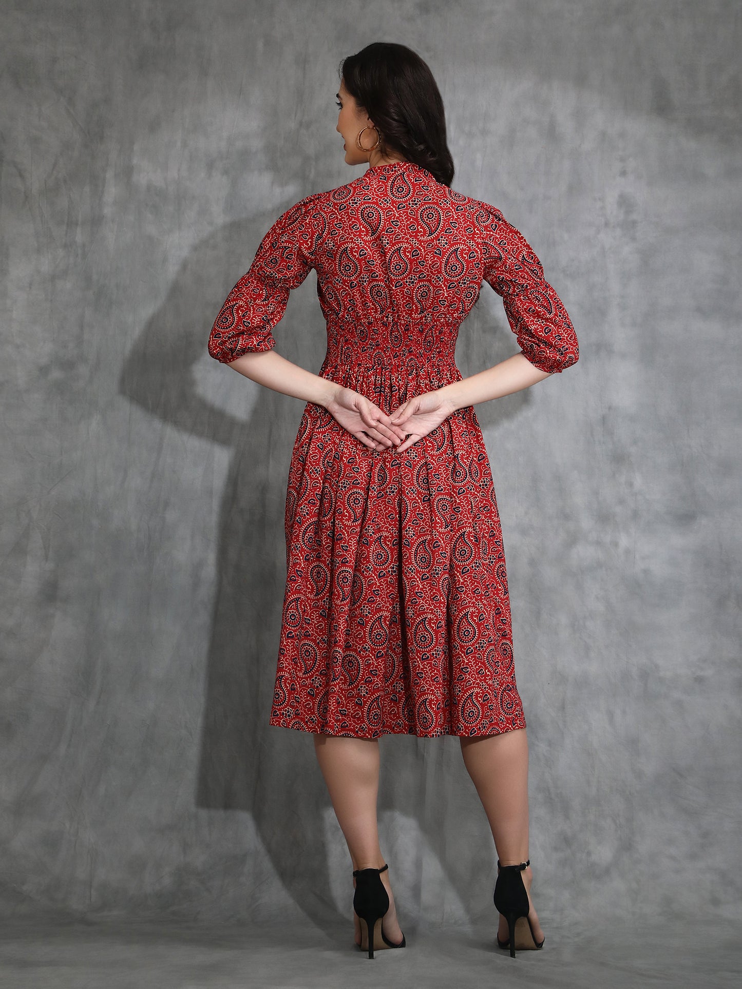 Front open pure cotton Ajrakh print Midi Dress