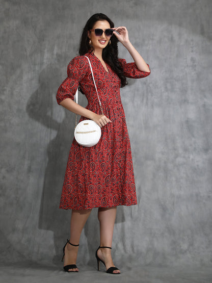 Front open pure cotton Ajrakh print Midi Dress
