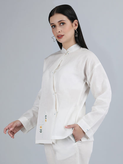 Women White Pure Linen Hand Embroidered Zig Zag Placket Shirt