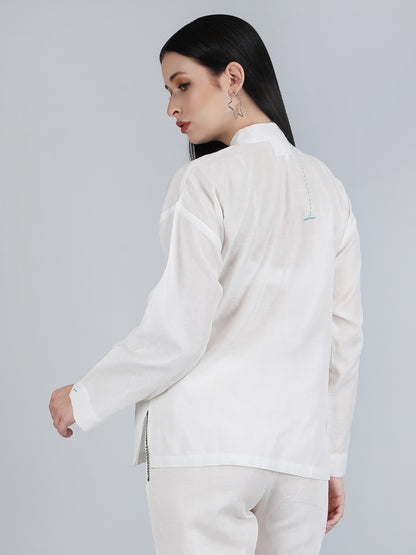 Women White Pure Linen Hand Embroidered Zig Zag Placket Shirt